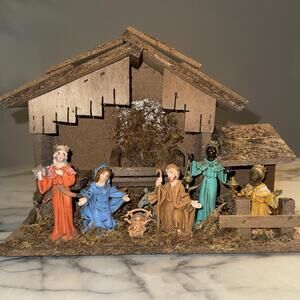 Vintage Complete Set Nativity Stable Mary Joseph Jesus 3 Wise Men Italy 10x13"
